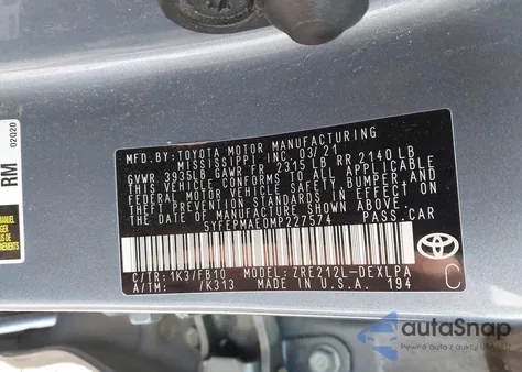 2021 Toyota Corolla Le из США, поврежденный, VIN 5YFEPMAE0MP227574